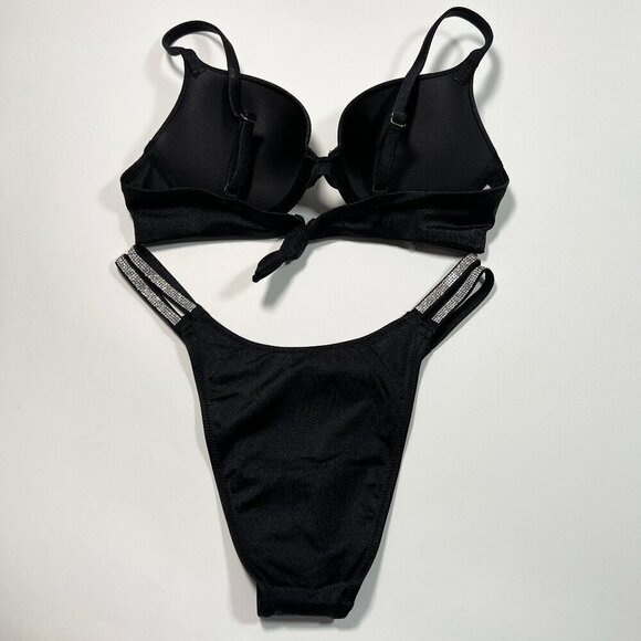 Victoria Secret 38D L VERY SEXY Push Up Bikini Top Bottom Set Shine Strap Black - Picture 4 of 9